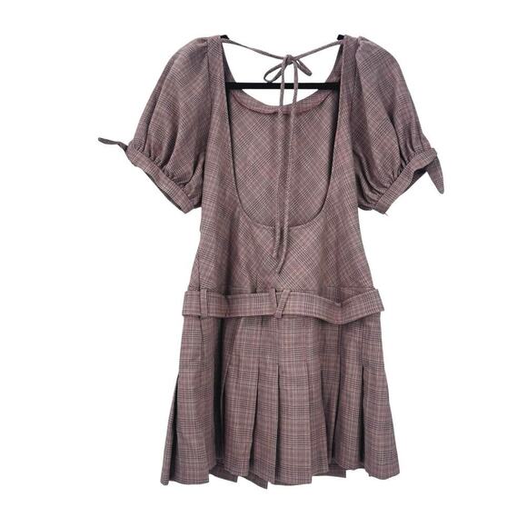 Free People Sevi Plaid Mini Dress Puff Sleeve Grey and Pink Combo Size L NWOT - Picture 5 of 12
